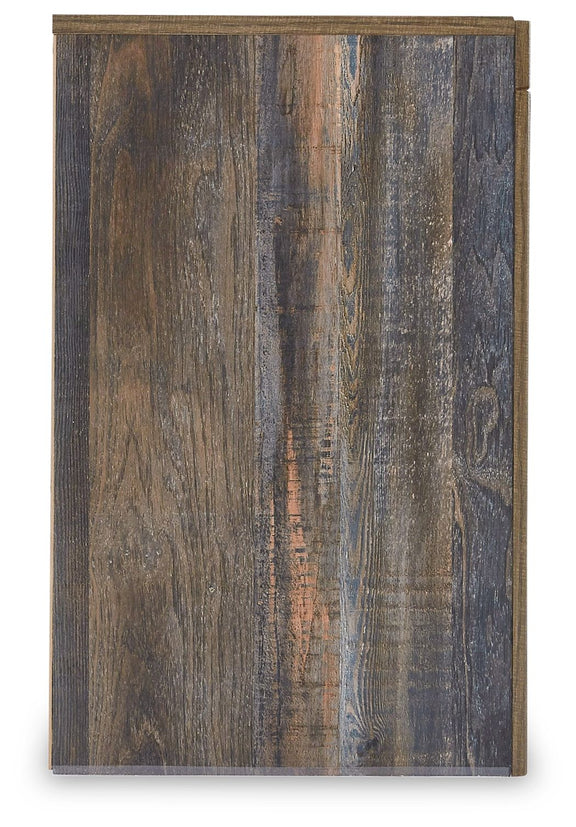 Two-drawer night stand side panel, rustic brown wood grain finish