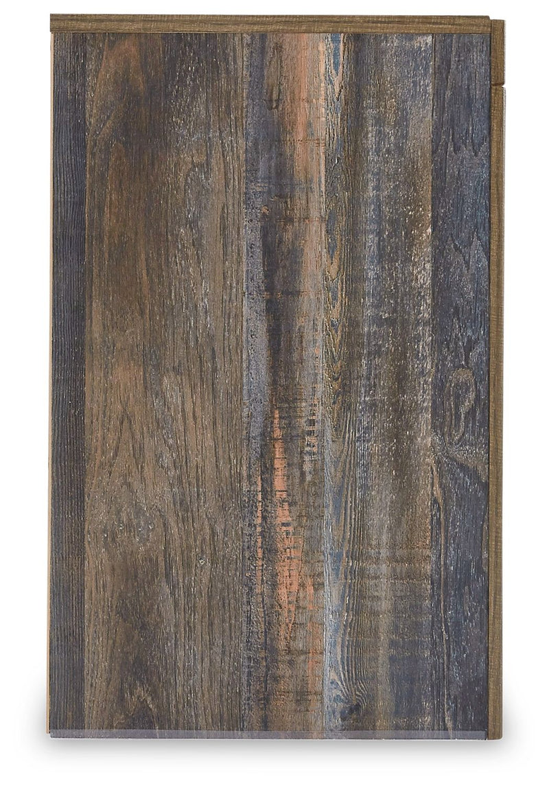 Two-drawer night stand side panel, rustic brown wood grain finish