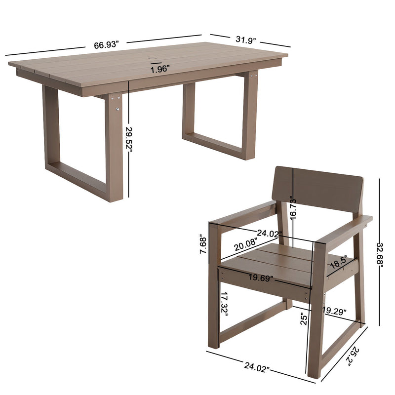 5 Piece Outdoor Dining Set For 4, Weather Resistant Patio Table With Umbrella Hole And 4 Armrest Chairs Garden Furniture For Backyard - Wood