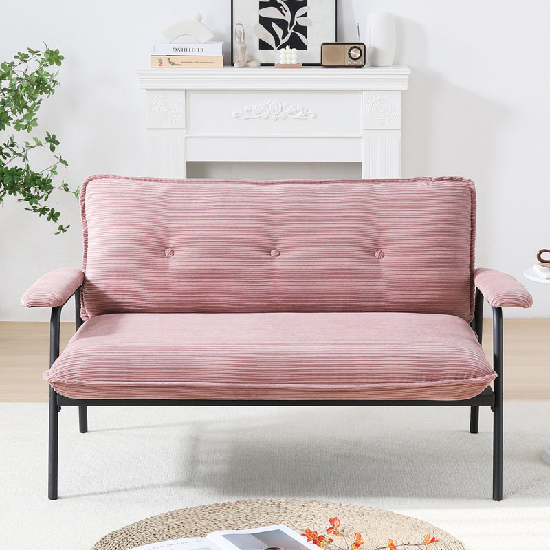 Pink striped loveseat sofa with tufted back and seat cushions on metal frame