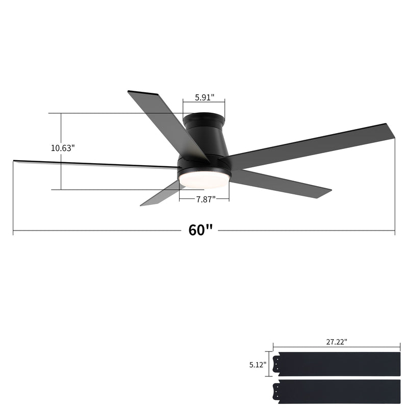 Flush-mount ceiling fan with light, black finish; size diagram with measurements