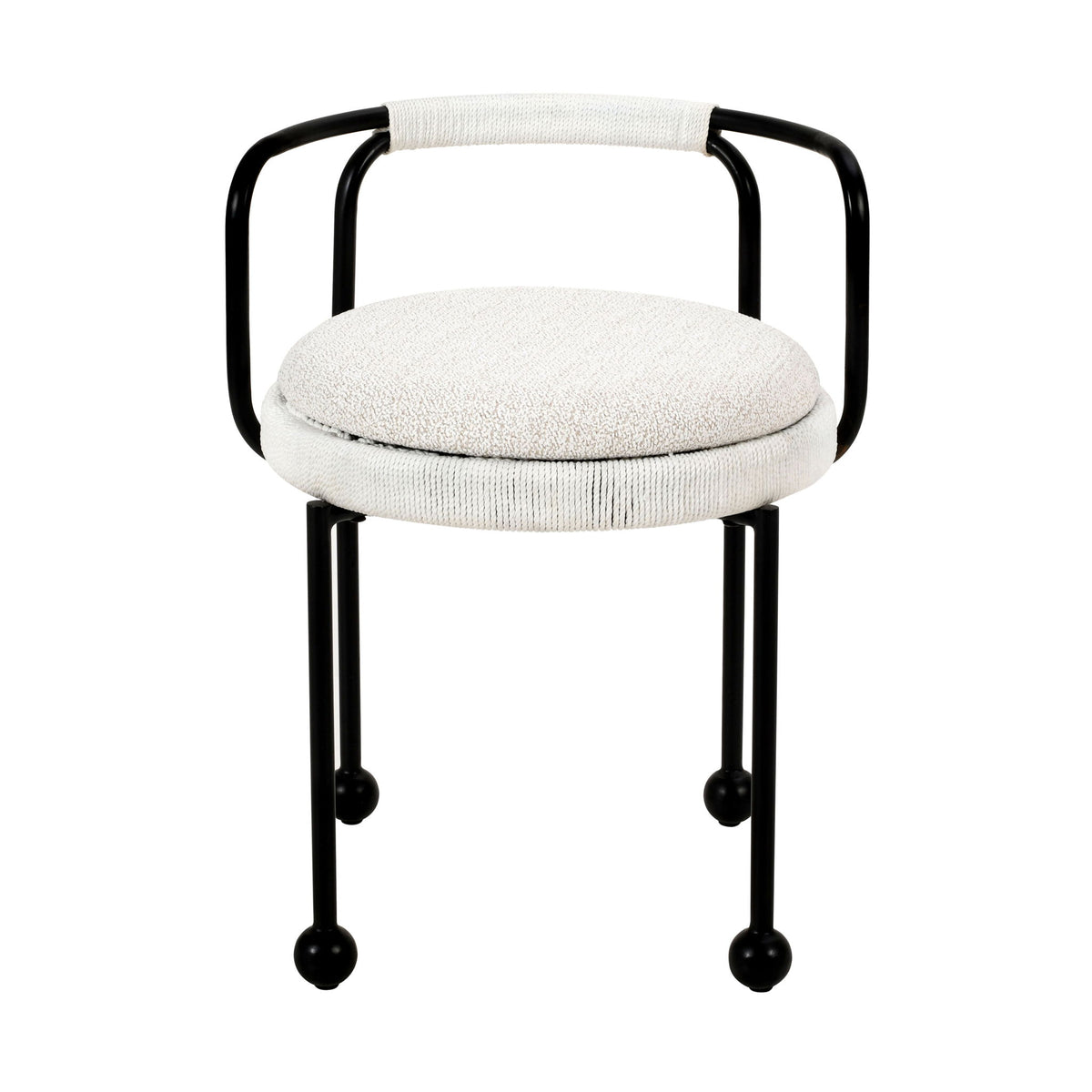 Cream upholstered round seat outdoor dining chair with black tubular back and pedestal-style legs
