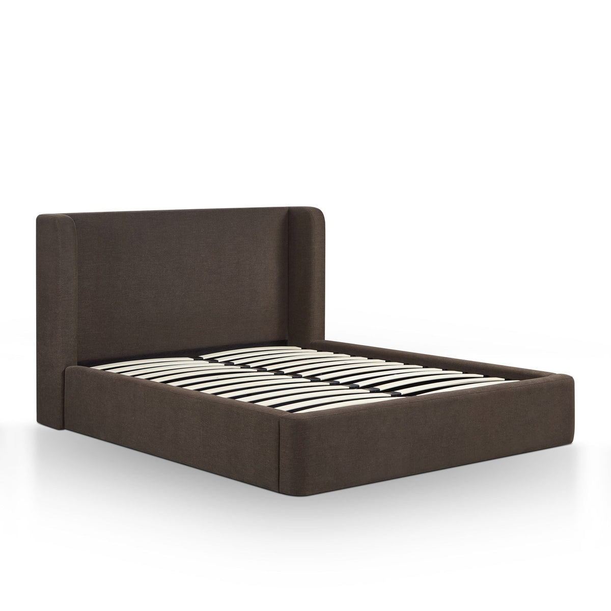 Upholstered platform bed with tall headboard, dark brown fabric frame and striped slats