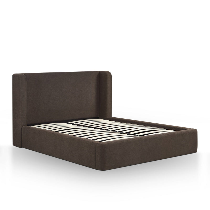Upholstered platform bed with tall headboard, dark brown fabric frame and striped slats