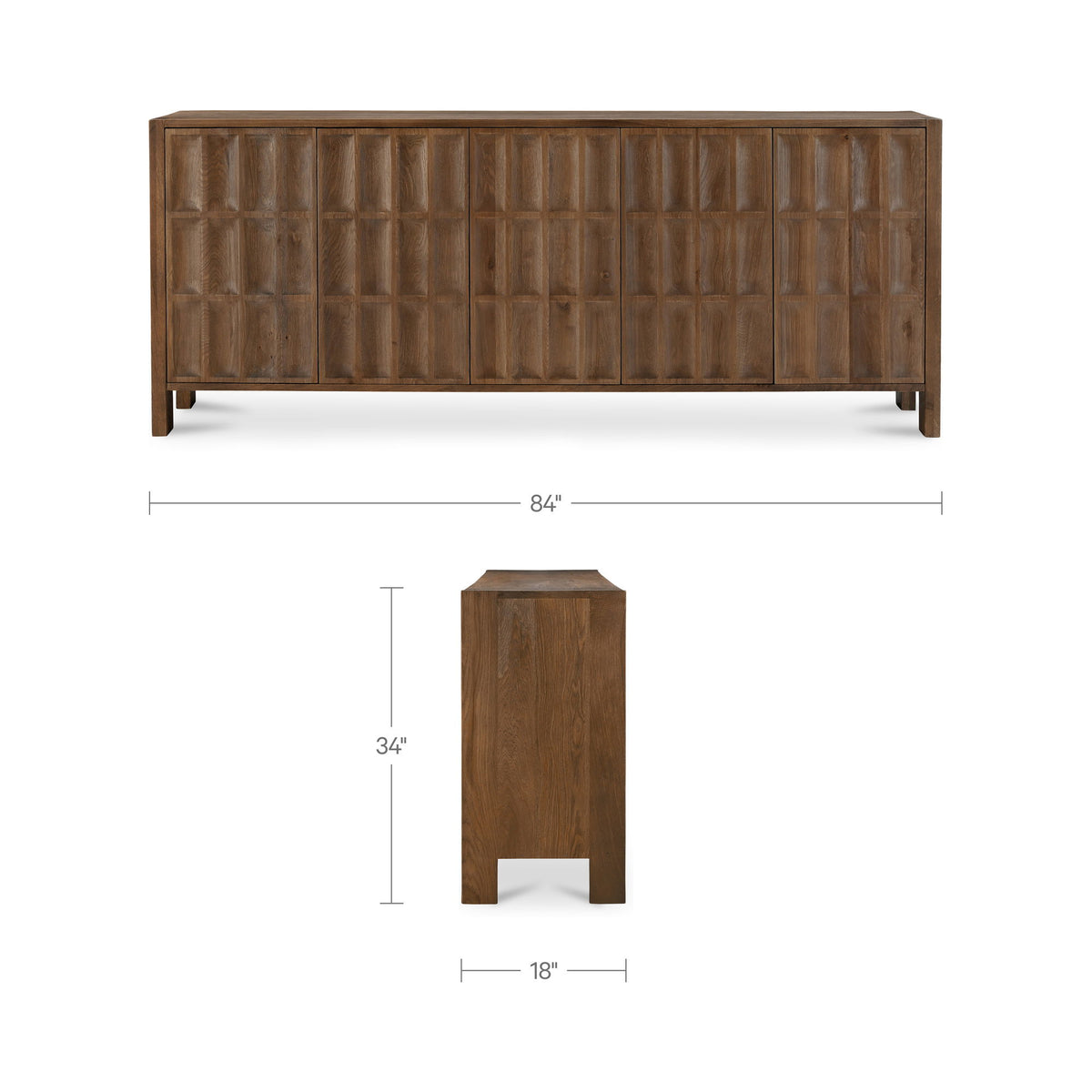 Brown sideboard with paneled doors; shows overall dimensions 84 in wide