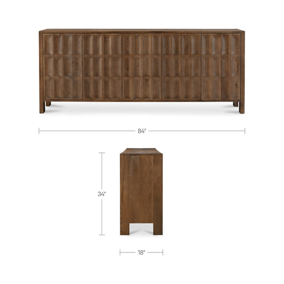 Brown sideboard with paneled doors; shows overall dimensions 84 in wide