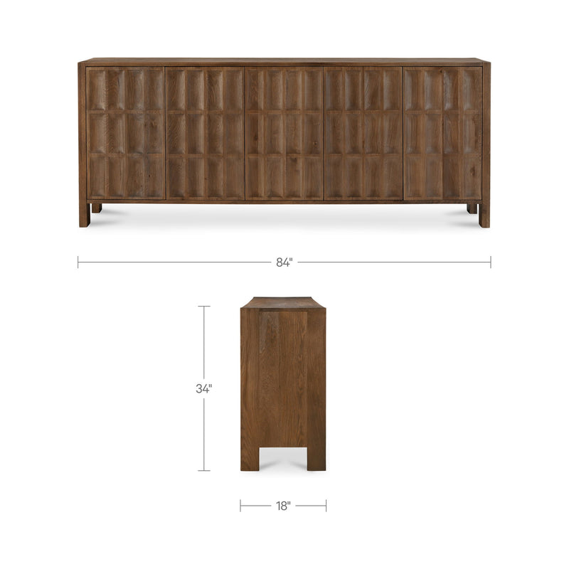 Brown sideboard with paneled doors; shows overall dimensions 84 in wide