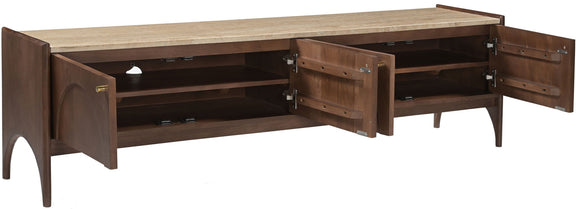 Mango wood media console open storage with multiple shelves and hinged doors