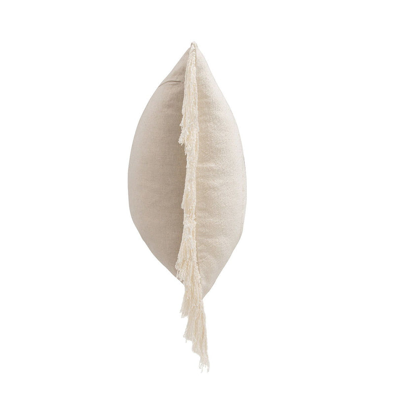 Ivory square pillow with long tassel fringe and textured fabric front