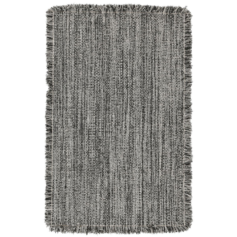 Gray wool rug with short fringed edges and dense woven texture.
