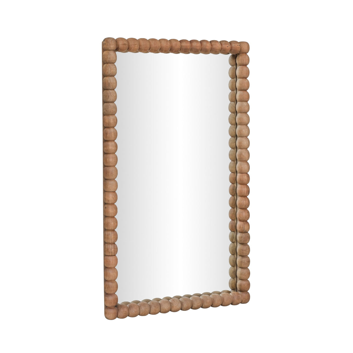 Natural wood rectangular wall mirror with rounded beaded carved frame and clear glass.