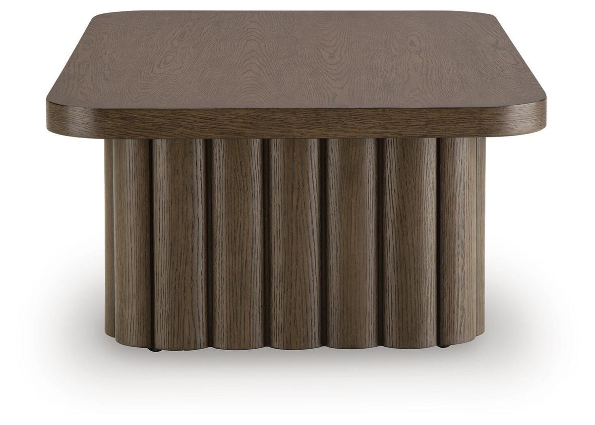 Dark brown rectangular table with flat tabletop and vertical slat pedestal sides