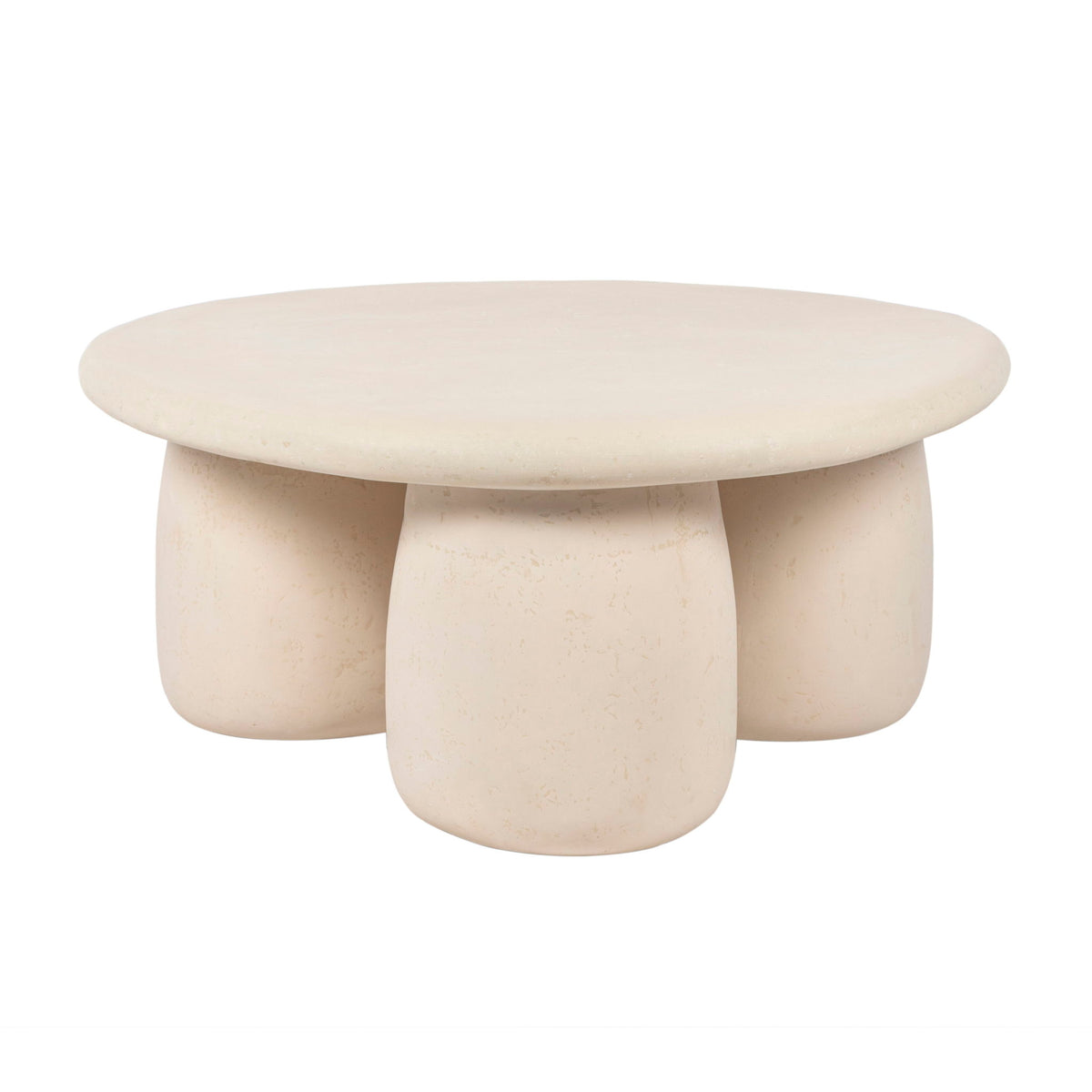 Rahul round coffee table in cream with a wide round top and three chunky pedestal legs