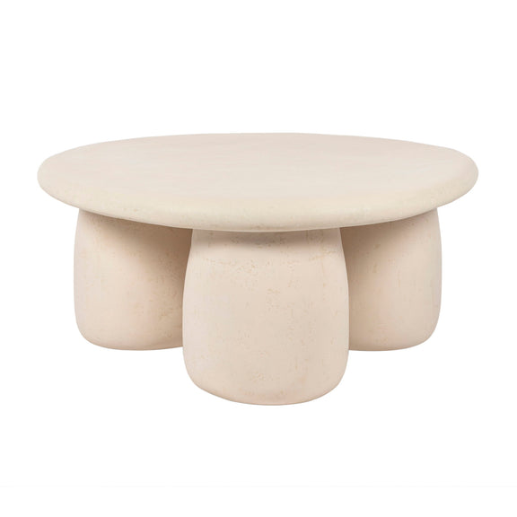 Rahul round coffee table in cream with a wide round top and three chunky pedestal legs