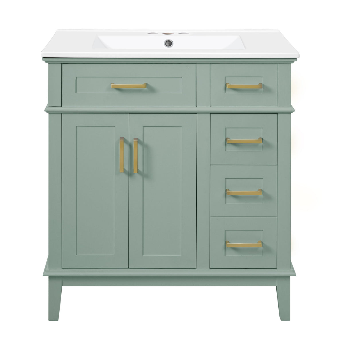 Teal bathroom vanity cabinet with white sink, soft-close drawers, gold bar handles