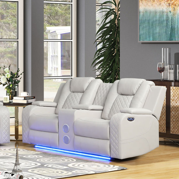 White power reclining loveseat with blue LED light strip and quilted side panels