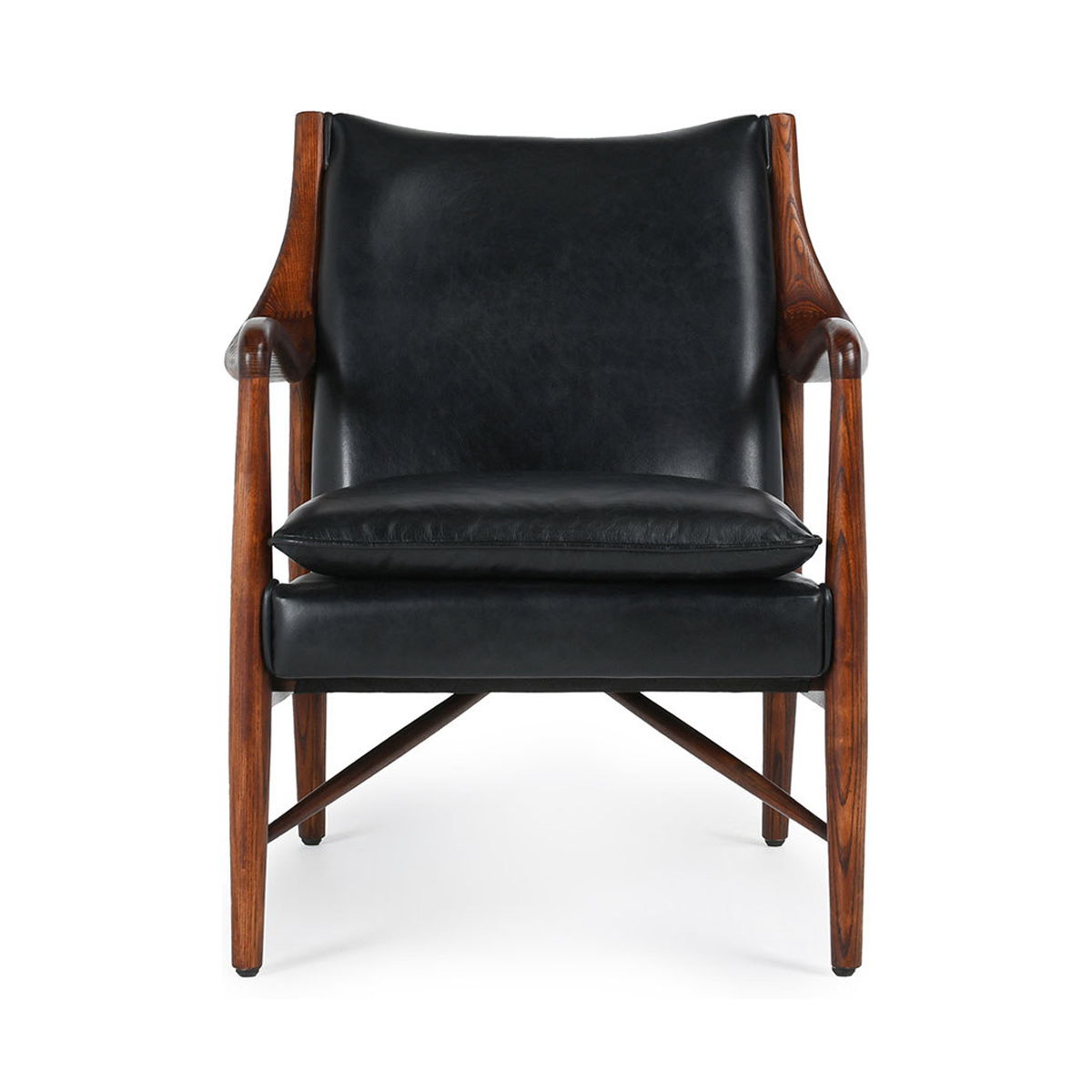 Kiannah club chair with black leather-look upholstery, tufted square seat and wood frame