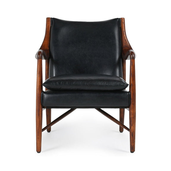 Kiannah club chair with black leather-look upholstery, tufted square seat and wood frame