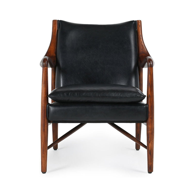 Kiannah club chair with black leather-look upholstery, tufted square seat and wood frame