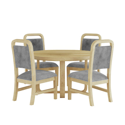 Round dining set with light brown table and four gray upholstered chairs