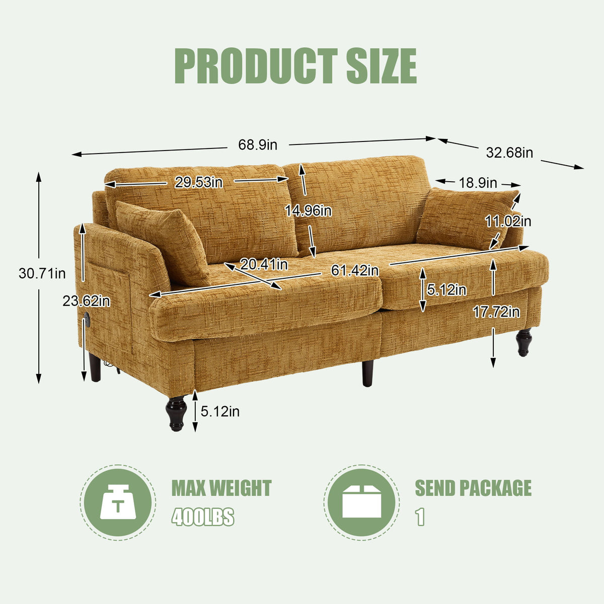 Chenille 2 Seater Sofa With LED Light, USB Charging Port, And Storage Bag