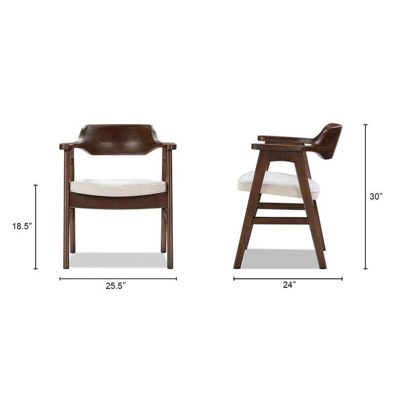 Curved-back dining arm chair, light beige seat cushion, dark wood frame; 30 in height