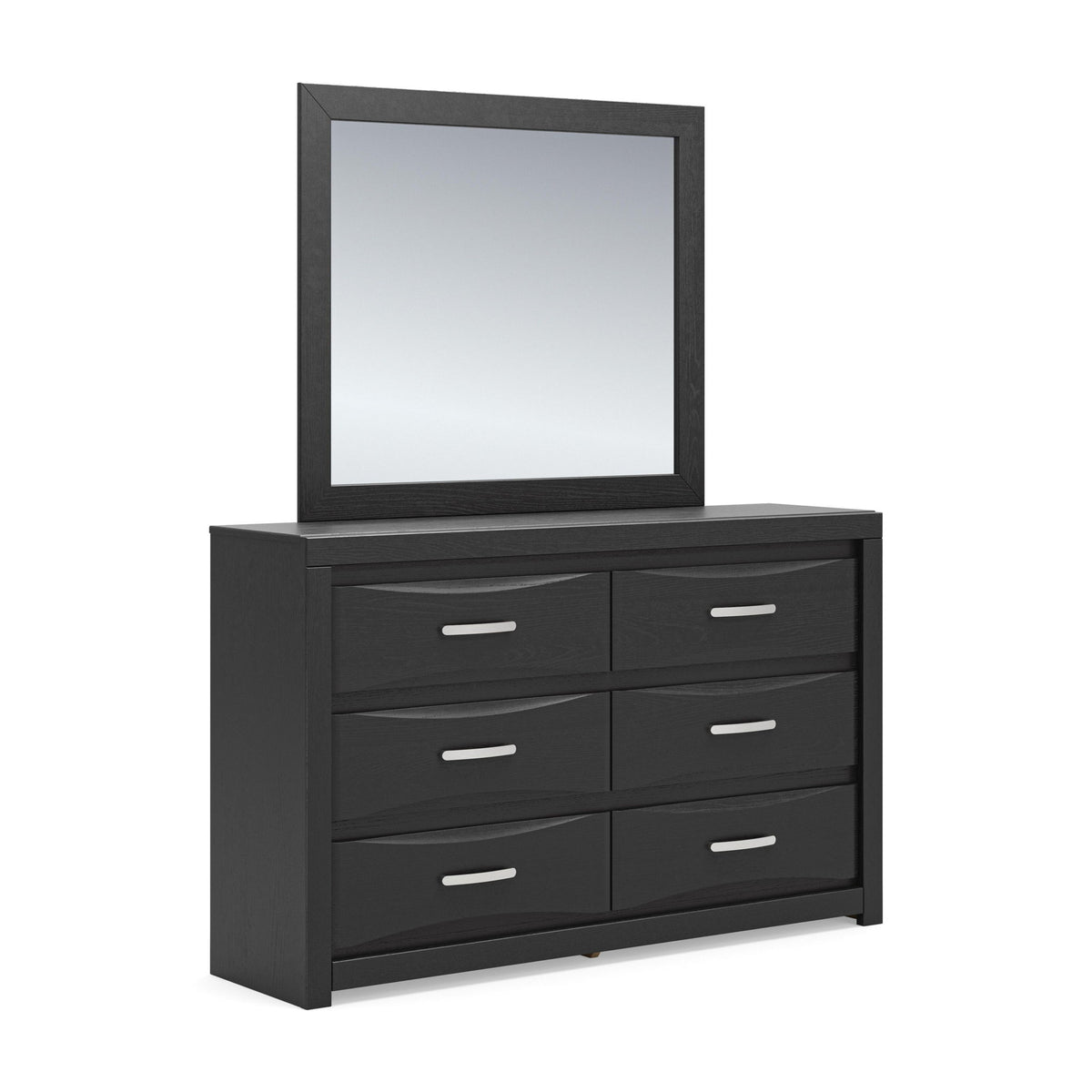 Black six-drawer dresser with square mirror on top and bar pull handles.