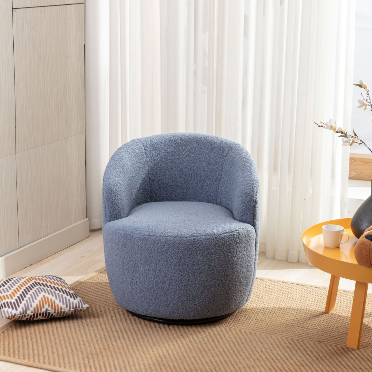 Teddy Fabric Swivel Accent Armchair Barrel Chair With Powder Coating Metal Ring