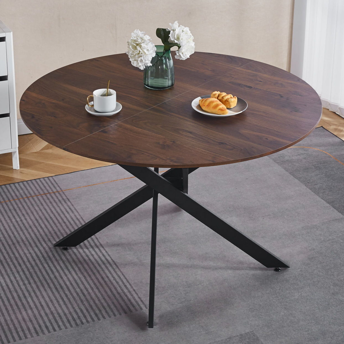 Mid-Century Dining Table For 4 - 6 People With Round MDF Table Top, Pedestal Dining Table, End Table Leisure Coffee Table, Cross Leg