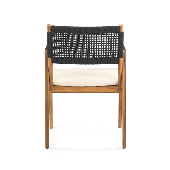 Outdoor dining chair with acacia frame, black lattice back, and white seat cushion