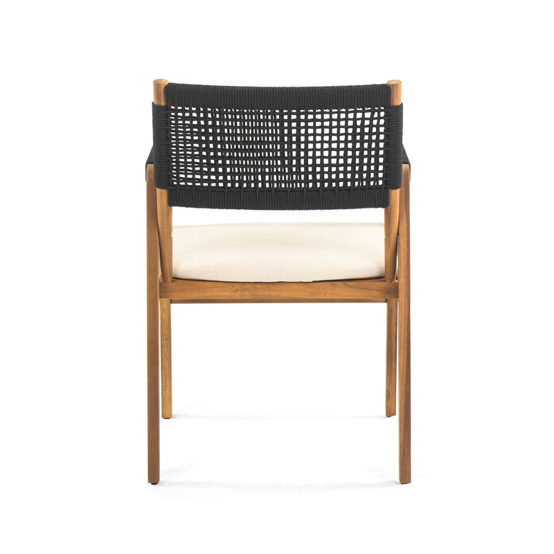 Outdoor dining chair with acacia frame, black lattice back, and white seat cushion