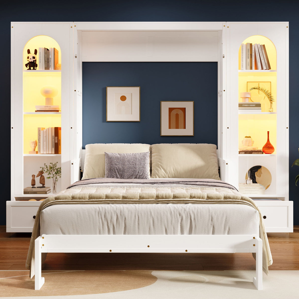 French Style Murphy Platform Bed With Shelf, Side Cabinets, Drawers And LED