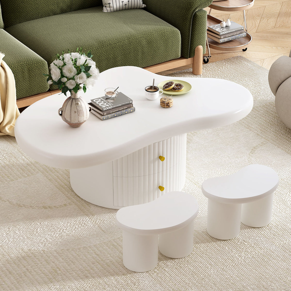 Cloud - Coffee Table (Set of 3), Irregular Shape Coffee Table With 2 Drawers, 2 Small Stools For Living Room - White