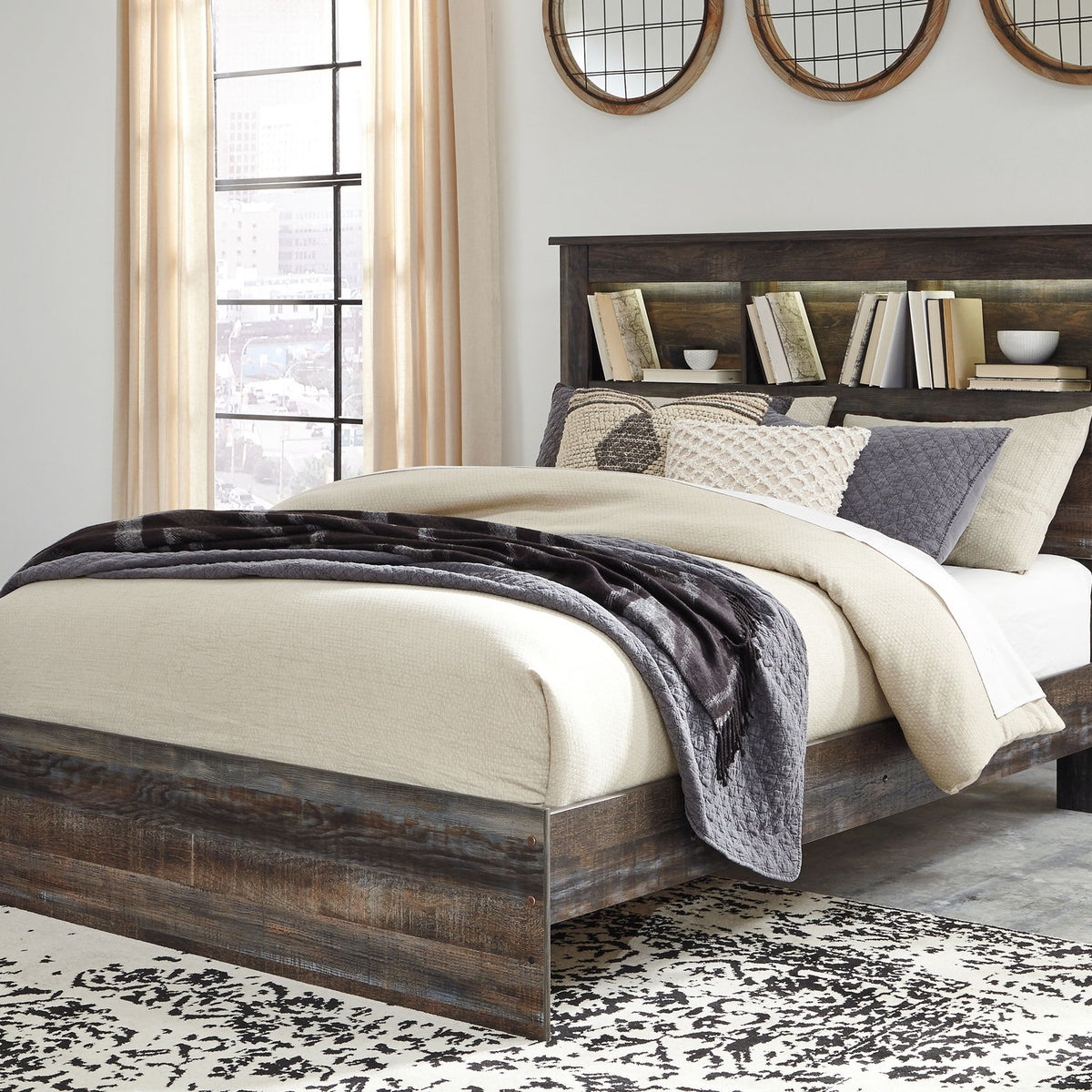 Panel bookcase bed with dark finish, open shelving headboard and side drawers, queen-size