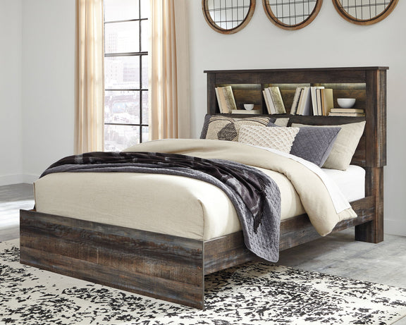 Panel bookcase bed with dark finish, open shelving headboard and side drawers, queen-size
