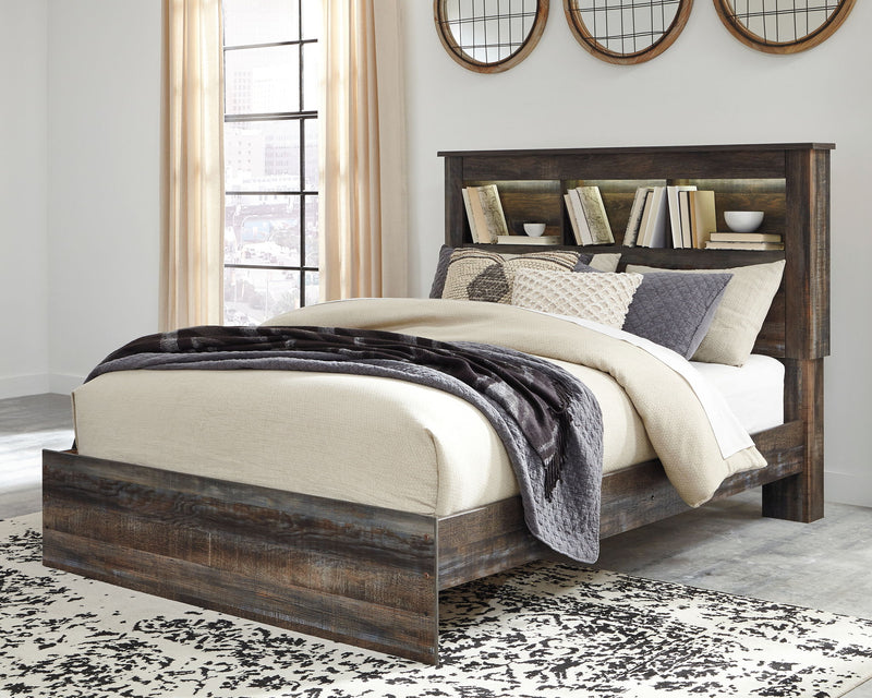 Panel bookcase bed with dark finish, open shelving headboard and side drawers, queen-size