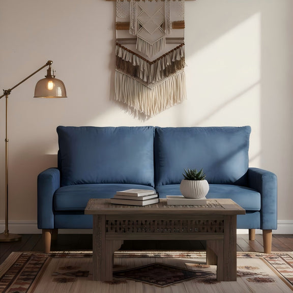 Blue upholstered 2-seat loveseat sofa with two back cushions and wooden legs