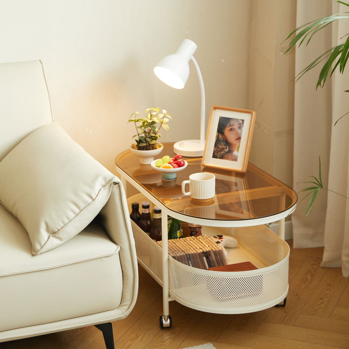 Movable Oval Metal Glass Coffee Table With Storage - White