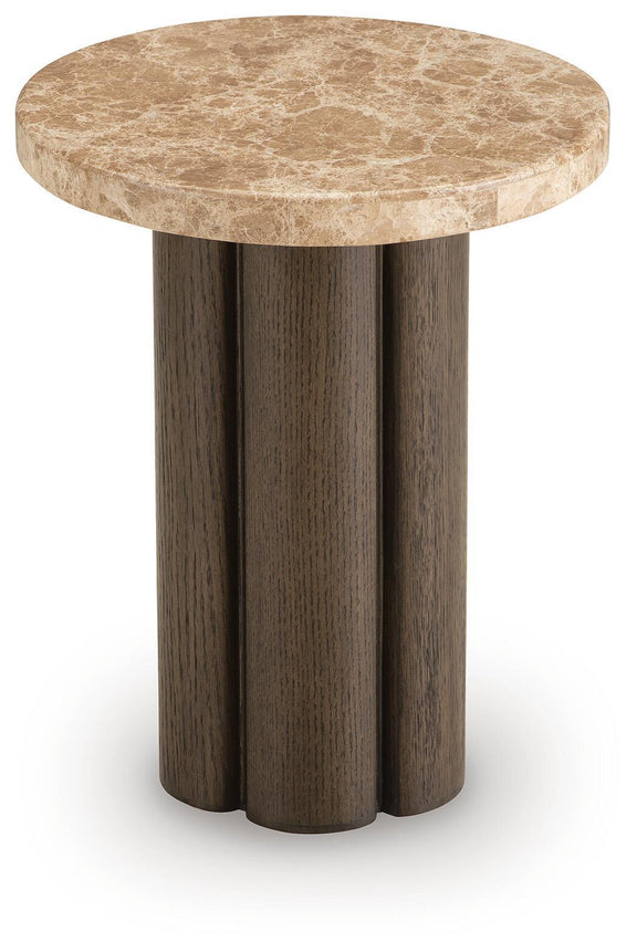 Round side end table with burnished brown stone top and dark brown slatted pedestal legs