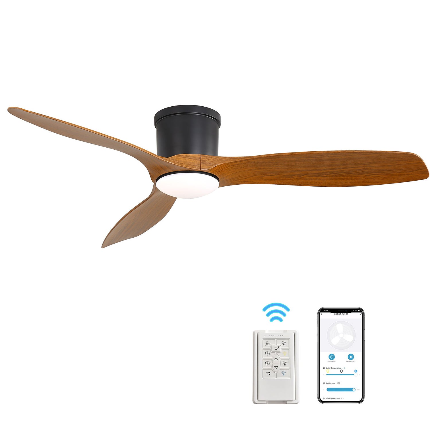 Smart Ceiling Fan With Remote Control, 3 Blades, Dimmable LED Light, Reversible DC Motor - Black
