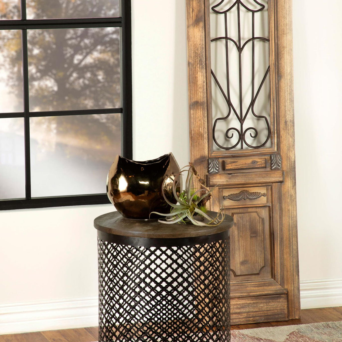 Aurora Round Drum Base Accent Side Table Natural and Black