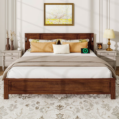 King Size Bed with Tall-Panel Headboard & Footboard, Built-in LED Lights, USB Charging Station, Pinewood Bed with Strengthened Bed Frame, Walnut