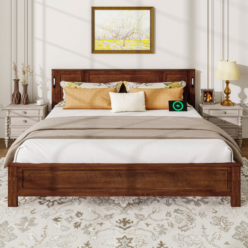 King Size Bed with Tall-Panel Headboard & Footboard, Built-in LED Lights, USB Charging Station, Pinewood Bed with Strengthened Bed Frame, Walnut