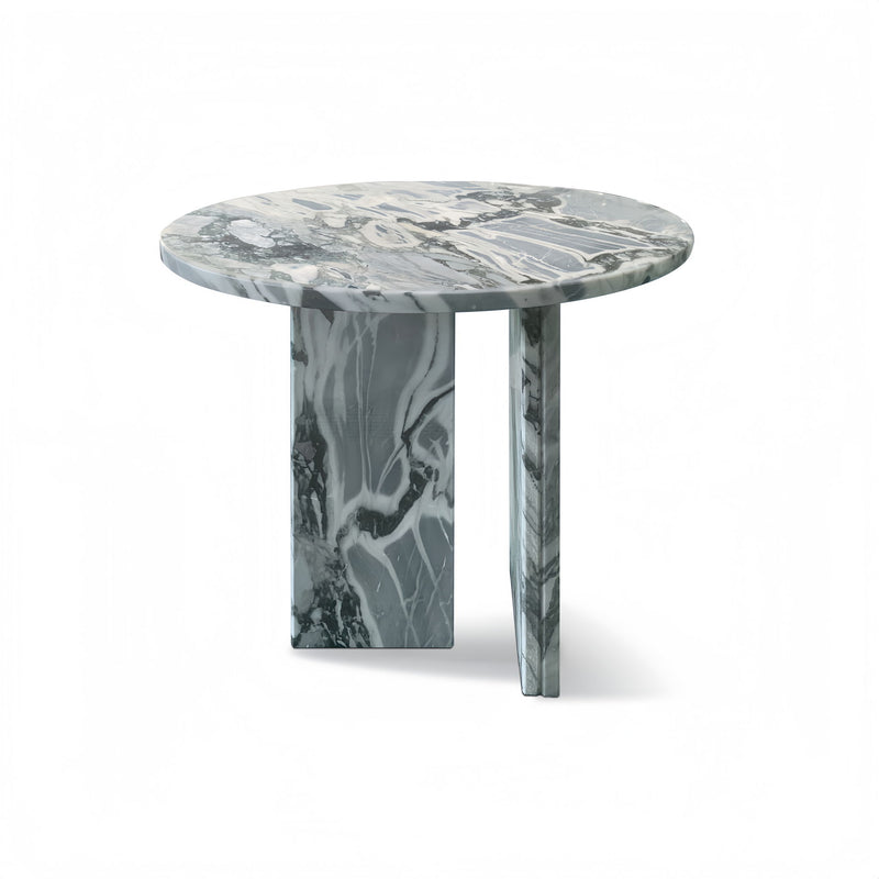 Marble-look round coffee table with gray veining and pedestal base