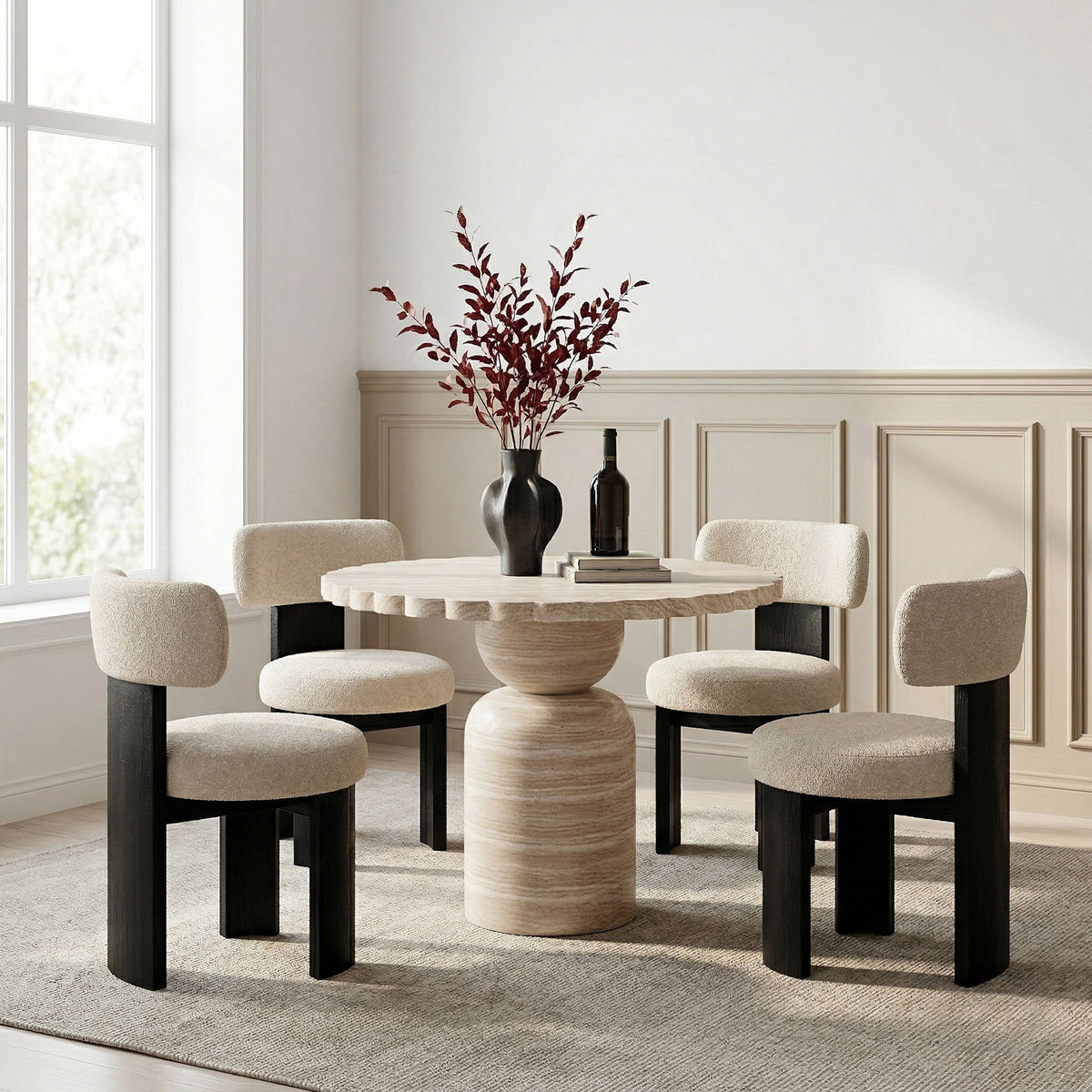 Round indoor/outdoor table with white top, light wood pedestal, and dark side base panels