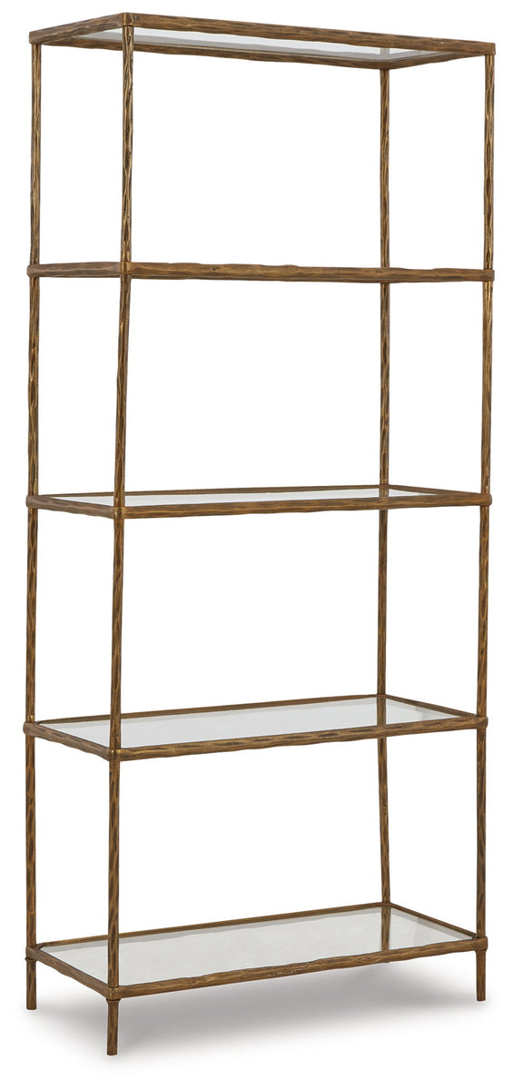Antique brass metal bookcase with four open shelves and rectangular frame