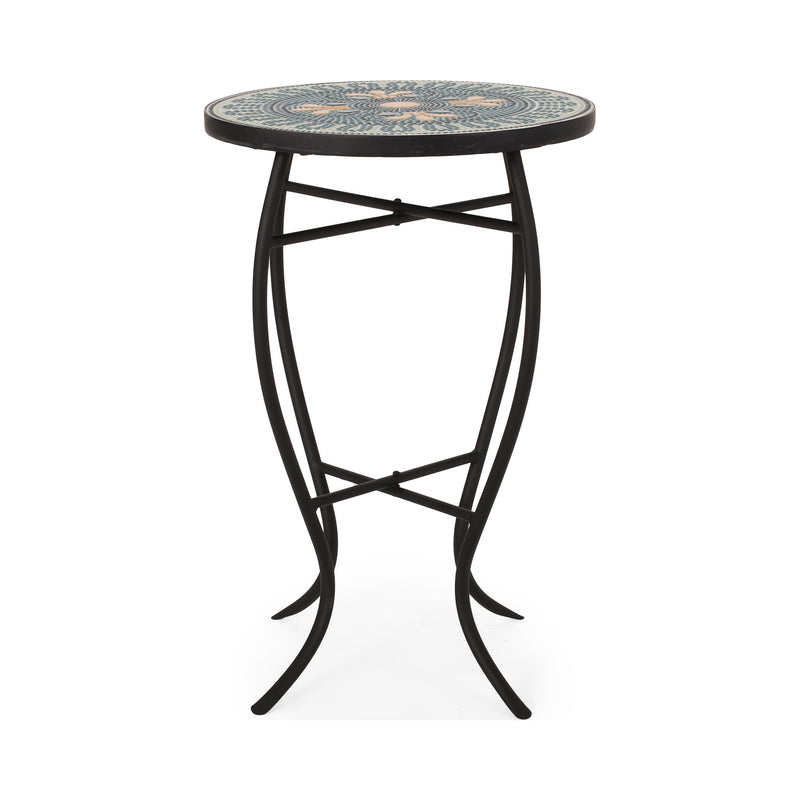 Outdoor Side Table With Tile Mosaic Table Top - Black