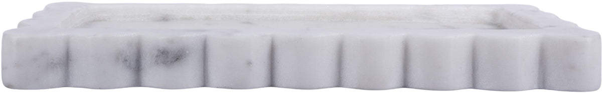 White marble tray with scalloped edge detail and rectangular shallow profile.