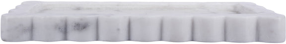 White marble tray with scalloped edge detail and rectangular shallow profile.