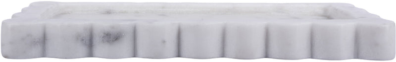 White marble tray with scalloped edge detail and rectangular shallow profile.